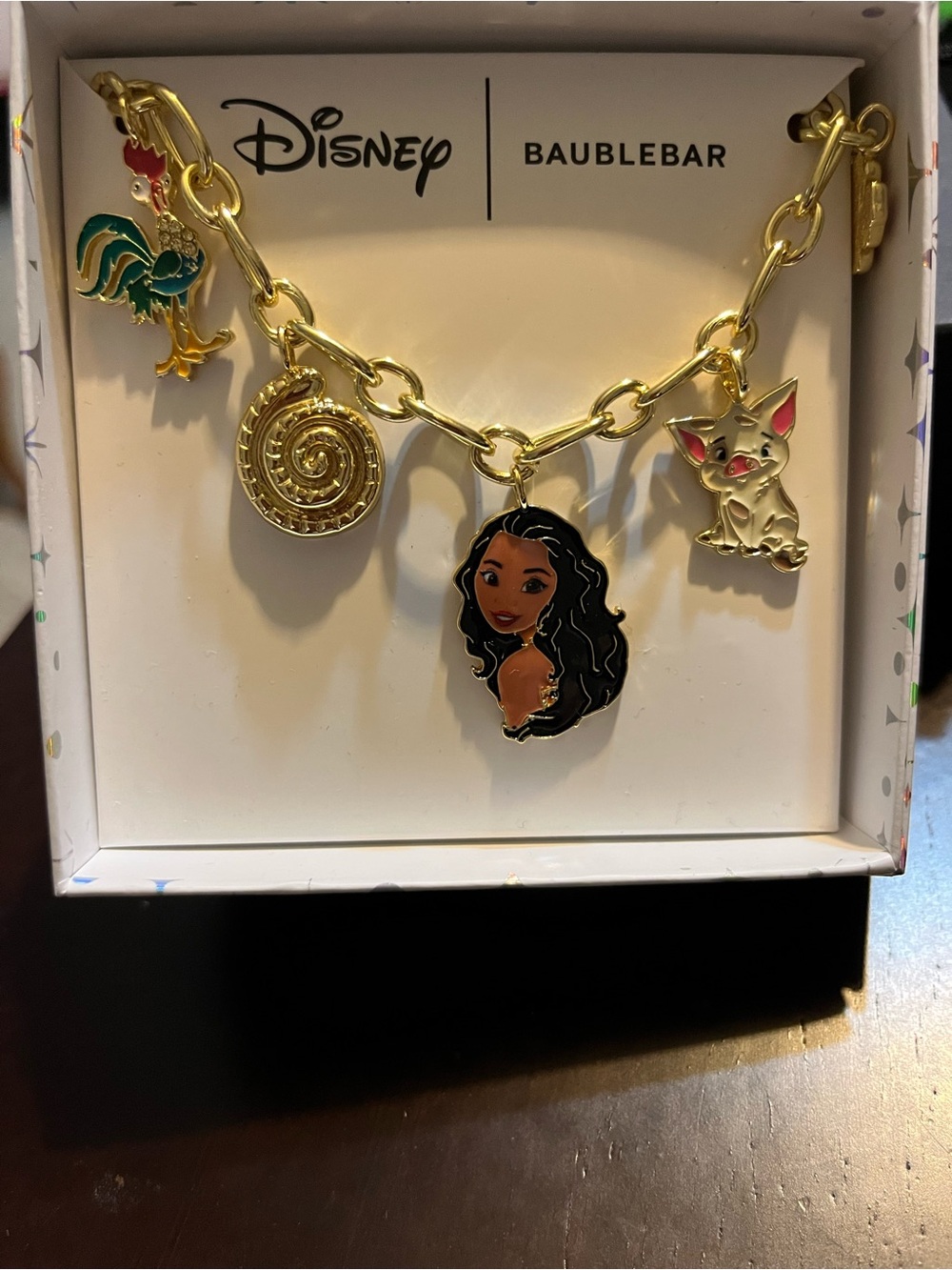 BaubleBar Gold-tone Disney Moana Charm Necklace with Black, Pink, Green Accents